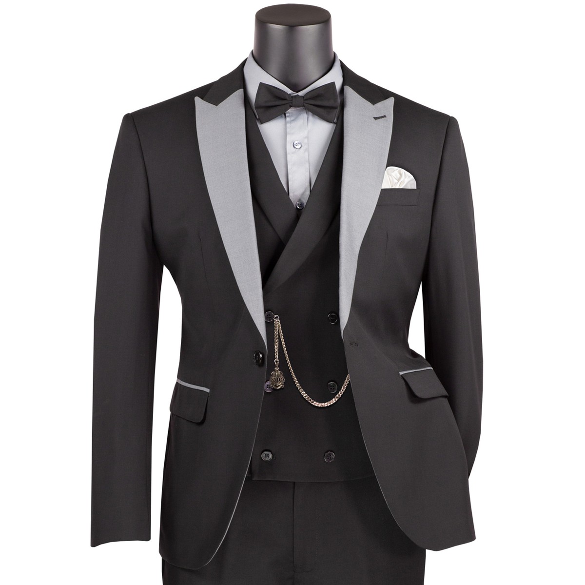 VINCI Men's Black 3-Piece Slim-Fit Tuxedo Suit w/ Bow-Tie NEW