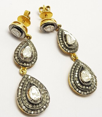 Elegant Polki Pave Diamond 925 Sterling Silver Dangle Victorian Wedding Earring