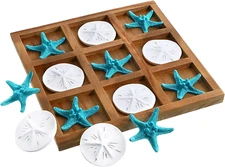 Chunful Beach House Decor Wooden Tic Tac Toe Game with Resin Seashell and Starfi