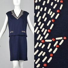 M 1960s Navy Blue Set Casual Polyester Separates Boxy Top Pencil Skirt 60s VTG