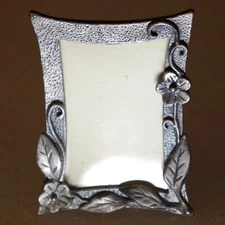 Miniature Pewter Picture Frame 1 5/8 Inches x 2 1/8 Inches Floral Design