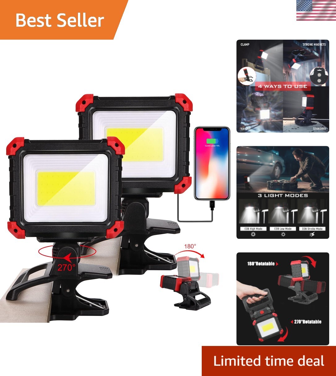 LED Rechargeable Work Light with Clamp, 2100LM COB Magnetic Clip on Worklight...