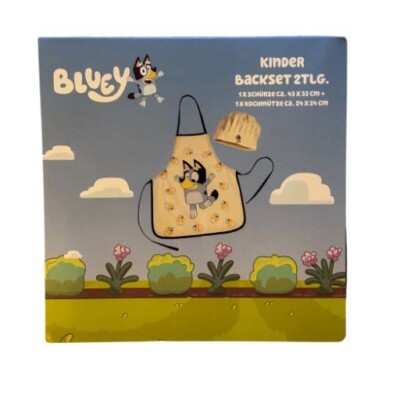 Kinder Kochschürze SET Schürze Backschürze 2 Teilig BLUEY mit Mütze 100 % Baumwo