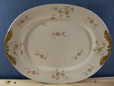 Large PL Limoges France Oval Platter Pink Roses Gold Handles - 15 3/4" Long
