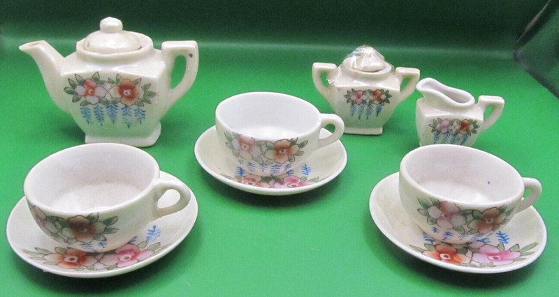 Miniature Porcelain Tea Set Dollhouse Child Play Vintage Lot JAPAN Floral Poppy