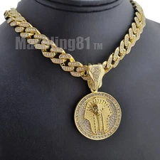 Gold Plated Alloy King Tut Pharaoh & Iced Cubic Zirconia Cuban Chain Necklace