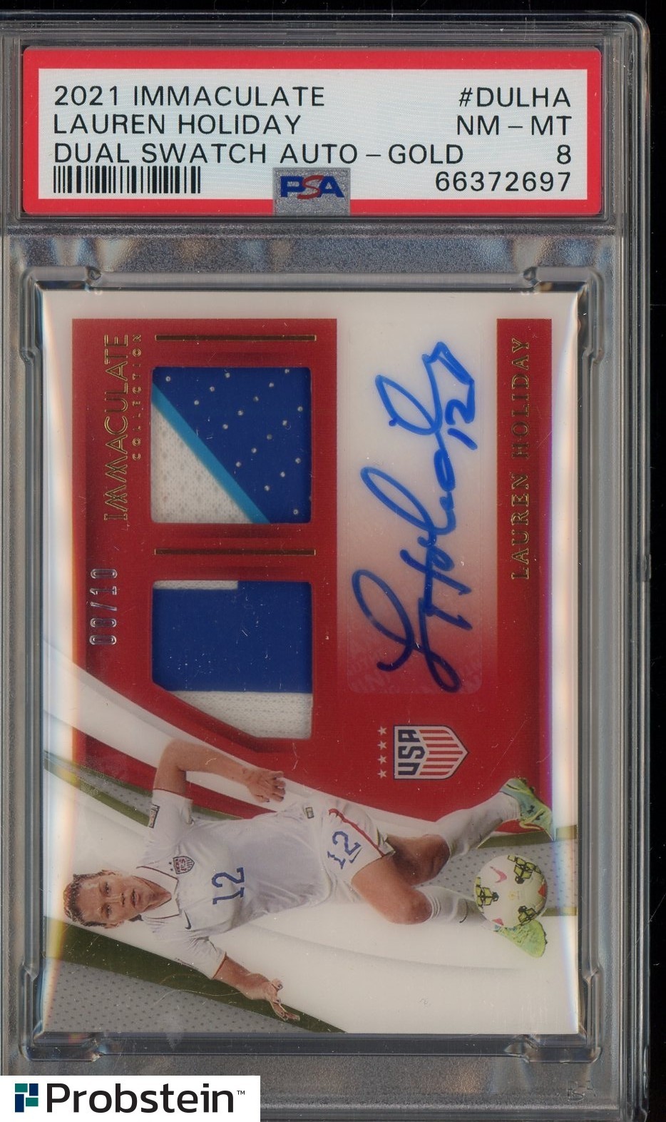 2021 Immaculate Soccer Gold Lauren Holiday Match-Worn Dual Patch AUTO /10 PSA 8