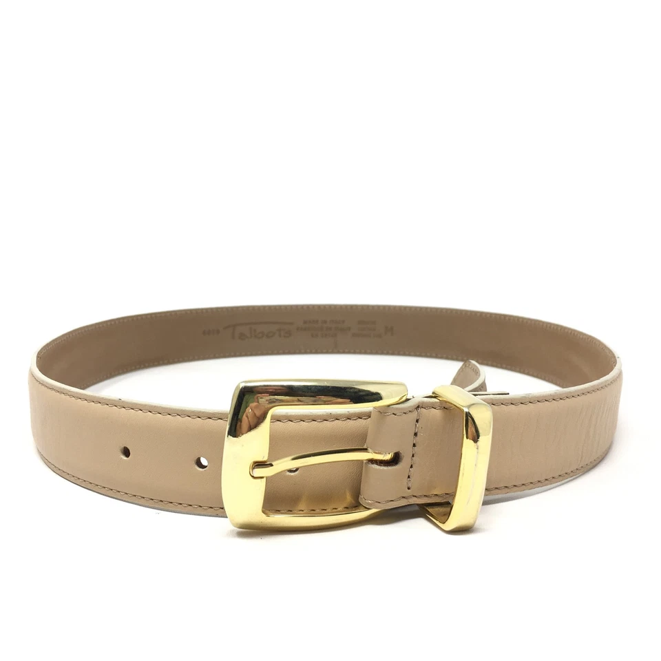 Talbots Dress Belt Womens Size M Medium Beige Leather Made Italy Brass Buckle - Image 2 of 4