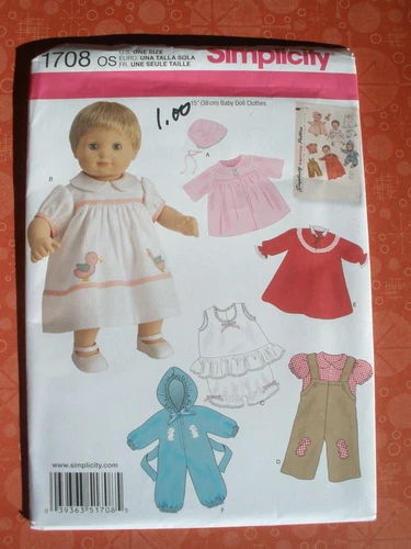 Simplicity Pattern 1708 Bitty Retro 15" Baby Doll Clothes Uncut