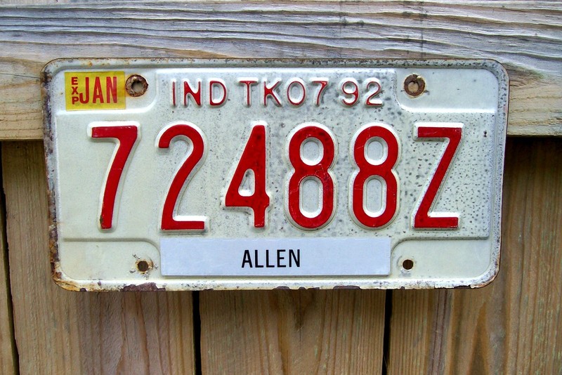 EXPIRED INDIANA 72488Z IND. TK07 TRUCK ALLEN 1992 92 License Plate Tag EMBOSSED 