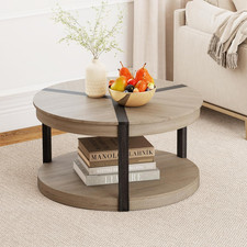 Coffee Table Round 2 Tier Storage Shelf Solid Rubber Wood Living Room Oak Black