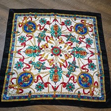Vintage Unbranded Baroque Chain Print Silk Scarf Black Gold Medallion 31 X 31