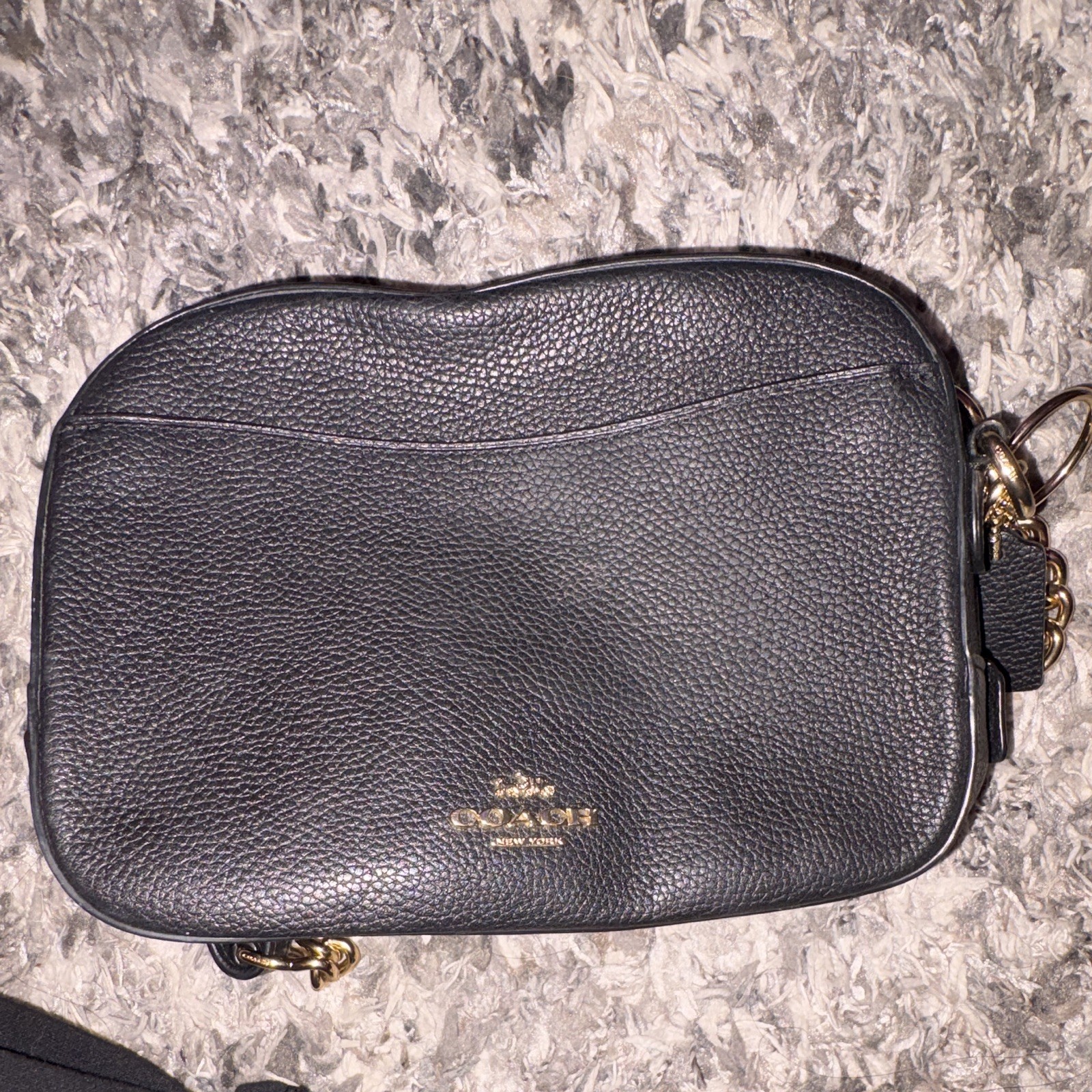 Coach Black Pebbled Zip Crossbody Bag Adjustable Strap Bag Charm Gold Hardware