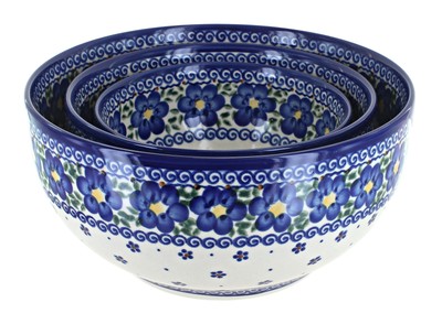 Blue Rose Polish Pottery Spring Blossom 3PC Mixing Bowl Set