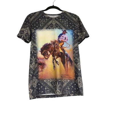 Crazy Train Teal Blake Cowboy Bronc Rider Bandana Paisley Graphic Tee XS Black