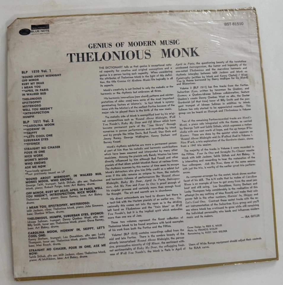Thelonious Monk "Genius Of Modern Music Vol.1" LP- Blue Note BST 81510 NM SHRINK - Image 2 of 4
