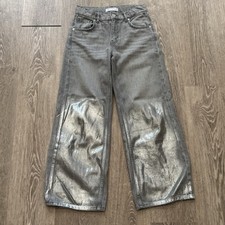 Zara Youth Girls Size 13-14 Mom Fit Jeans Gray Metallic Silver Relaxed Wide Leg