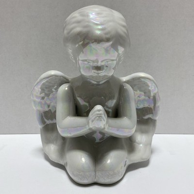Kneeling Winged Baby Cherub W Pearlized Glazed. 8'' H Iridescent ￼