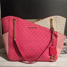 Michael Kors Pink Beige Logo Large Tote Bag Zip Closure Gold Chain Strap