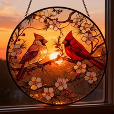 Cardinal Couple Stained Glass Suncatcher, Floral Window Hanging, Memorial Gift