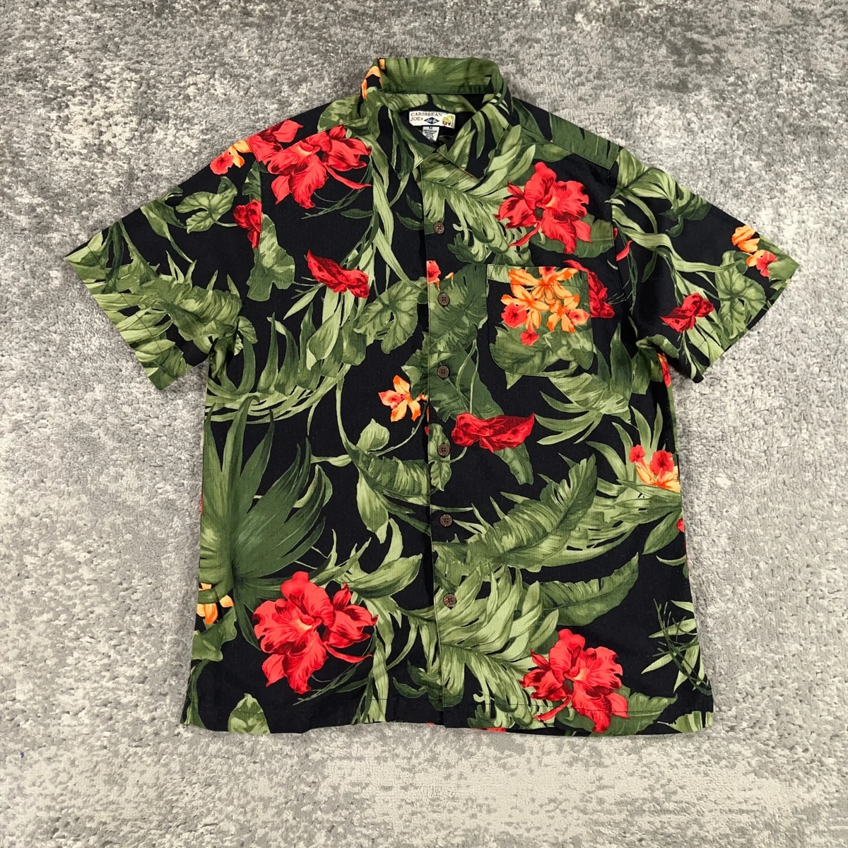 Chemise Hawaïenne CARIBBEAN JOE – Noire à Fleurs, Taille M, Vintage 2000s