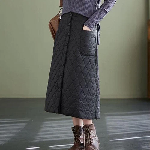 Damen A-Linie Midi Rock Hohe Taille Gesteppt Gepolstert Knopf Tasche Locker Warm Freizeit - Bild 5 von 9