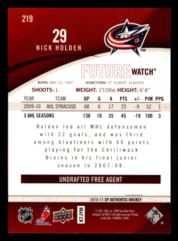 2010-11 SP Authentic #219 Nick Holden RC /999 (ref 239701) - Image 2 of 2