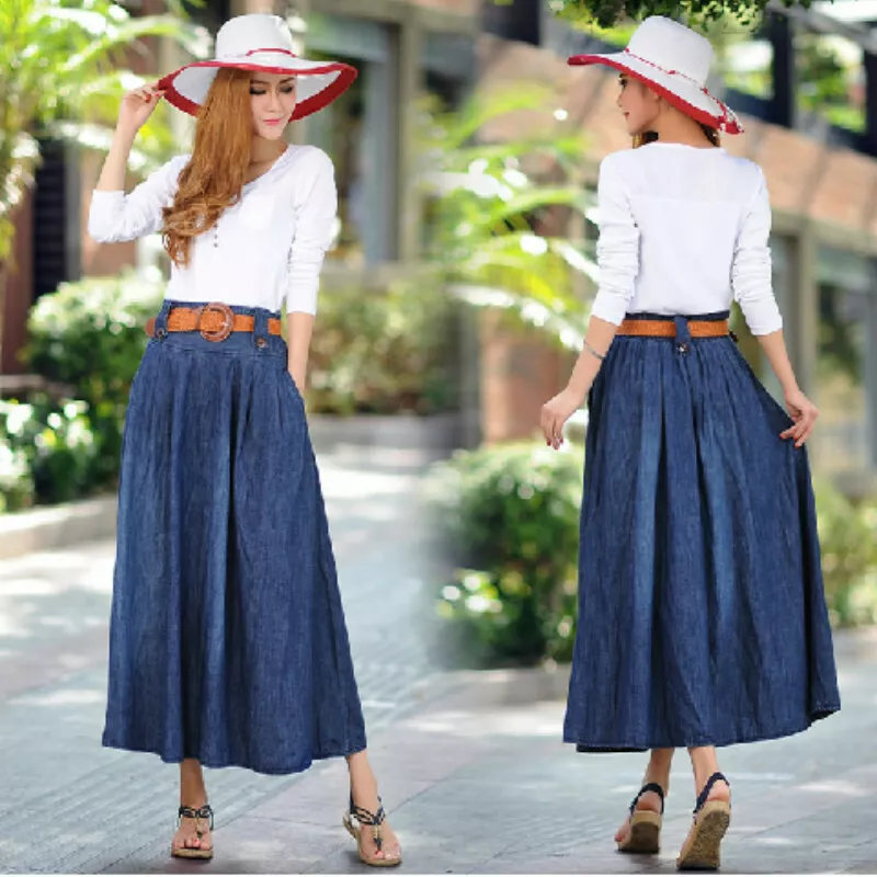 Lady Denim Skirts Pleated Jeans Dress Long Midi Casual High Waist Flare  Vintage