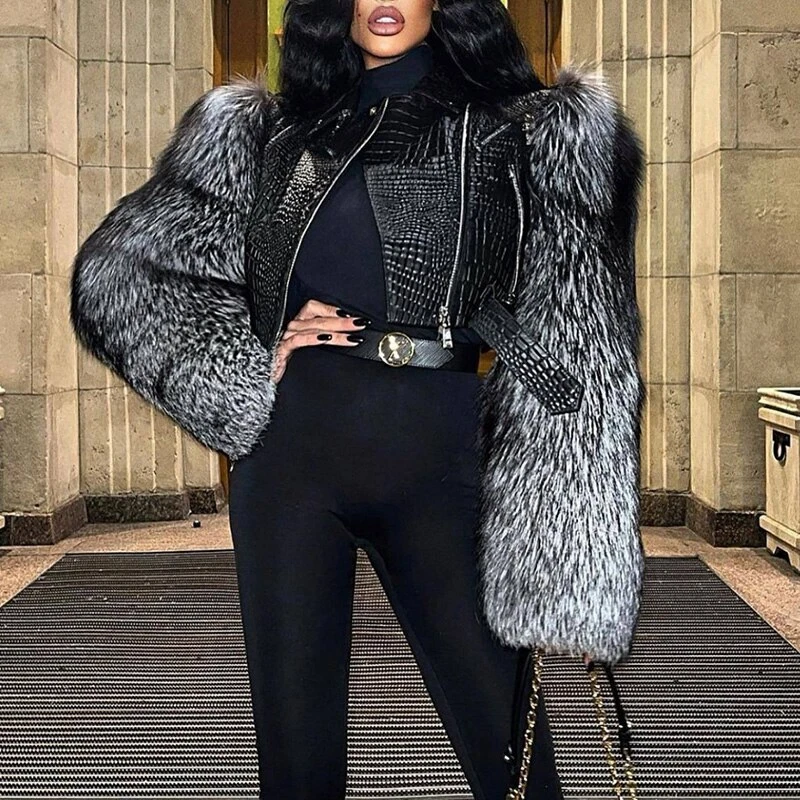 Women Leather Jackets Real Fur Sleeve Sheepskin Crocodile Pattern Crop Jacket