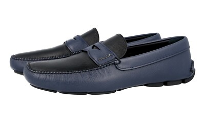 PRADA Saffiano Leder Driving Loafer Schuhe 2DD001 Blau Schwarz NEU -  10 44