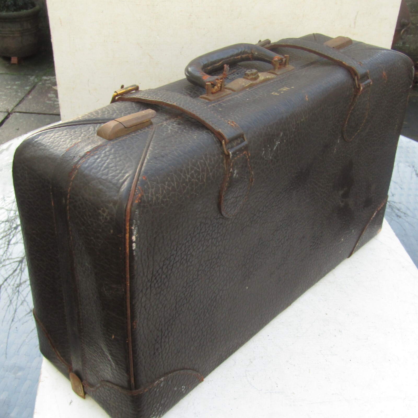 Vintage Suitcase Brown Leather With Internal Fittings & Hanger By