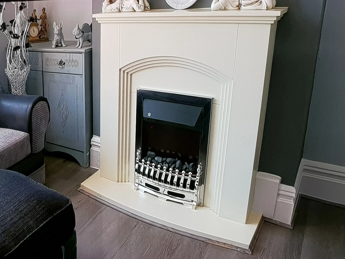 ELECTRIC FIRE CREAM ARCH FIREPLACE SURROUND HEARTH BRUSHED STEEL PEBBLES  BNIB | eBay