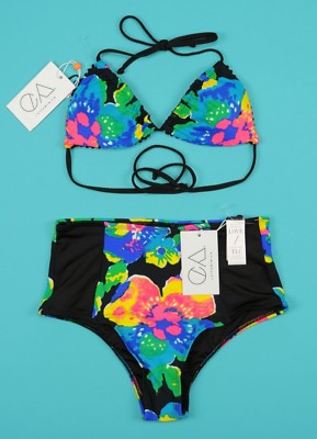 CA BY VITAMIN A BIKINI SWIM REVERSIBLE HI WAIST FLORAL SOLID BLACK S / 6 NWT