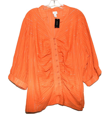 Venezia Lane Bryant Orange Gold Striped Ruched Cotton Blouse Size 22-24 NWT