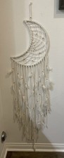 Handmade Boho Macrame Crescent Moon Wall Hanging Feathers Beads 52 L Cottagecore
