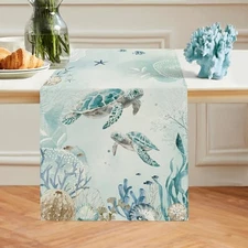  Sea Turtle Table Runner 13x90 Inch Nautical Coastal Teal Blue Ocean Theme 