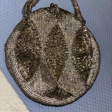 RICHERE Hand Made Beaded Silver Grey ViNTaGe Evening Bag Purse Satin Lined JaPaN