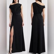NWOT Black Halo Caprina One-Shoulder A-Line Belted Black Gown Sz 12