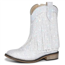 Fringe Cowgirl Boots, Glitter Cowboy Boots for Girls, Square Toe Kids Sparkle...