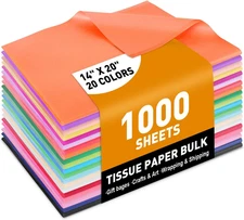 1000 PCS Tissue Paper, 20 Colors 14" X 20" Tissue Papers Bulk for Packaging, Col