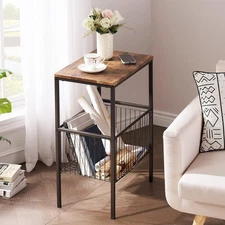 Tall Night Stand with Metal Basket,End Table with Shelf Storage Organizer, Wo...