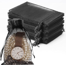 100PCS Premium Sheer Organza Bags, Black Wedding Favor Bags with Drawstring, 4X6