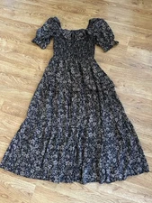 R Vivimos Tan Black Floral Midi Dress M