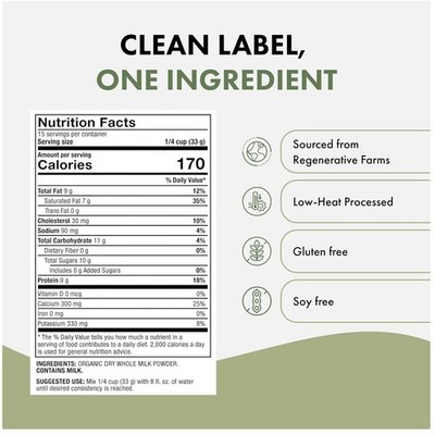 A2 Whole Milk Powder - Gluten-Free & Soy-Free - 15 Servings