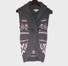 Eagles Eye Women Large 14 Gray Sweater Vest Floral Aztec Fitted Peg Loop Mom GUC