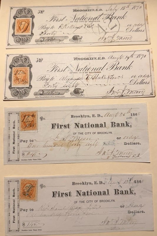 1868-70 New York, Brooklyn NY, First National Bank, (4) Stamps, Checks