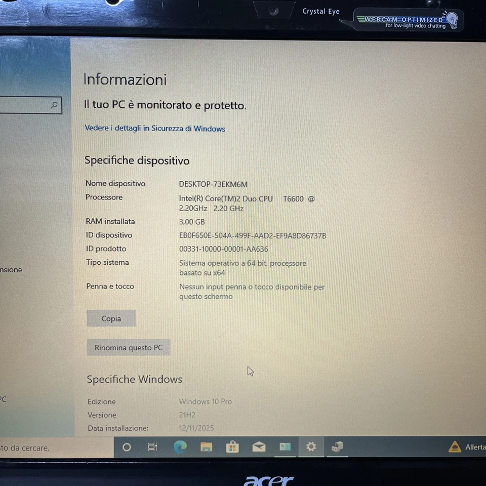 Notebook Acer 15,6p(Intel Core 2 3gb Ram Ssd 120gb, Bluraydisc )Windows 10 Pro - Immagine 3 di 4