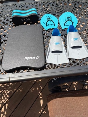 Swim Training Set Speedo Fins Sz 6/7 Sporti Kickboard Roka Pull Buoy Paddles Bag