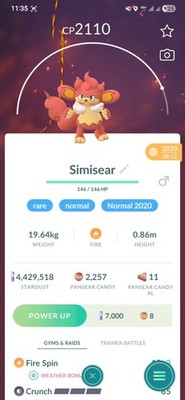 Simisear ( Pansear Evolution ) Pokemon Fast Same Day Go