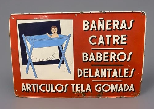 Vintage Spanish Advertising Sign for Baby Products ~ Porcelain Enamel